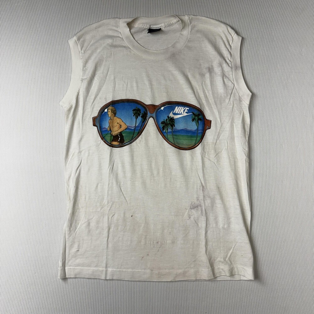 Vintage Bruce Jenner Nike Shirt Mens Large White Sunglasses Graphic Tank Top 80s